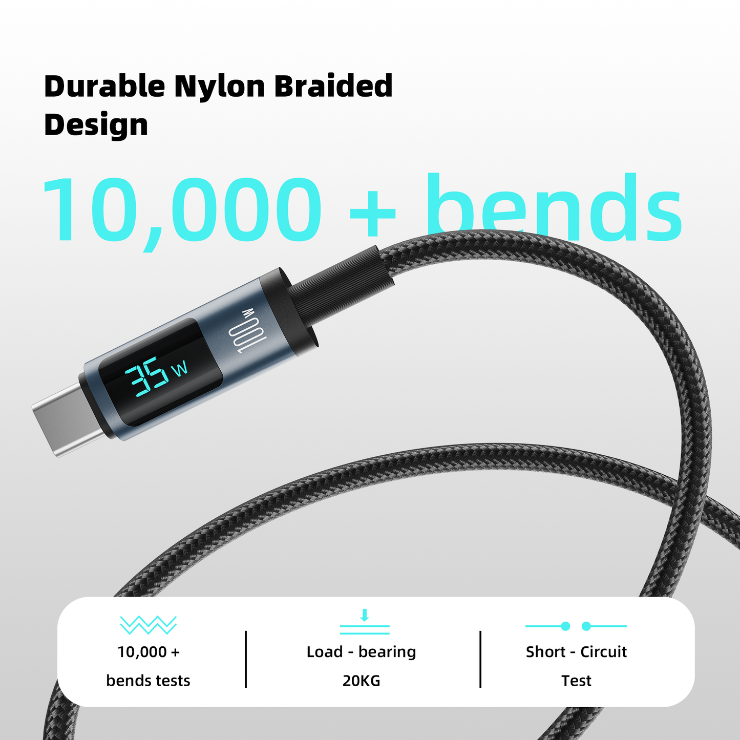 100W USB-C to USB-C Cable, 6.6FT Nylon Braided Type-C Cable with LED Display